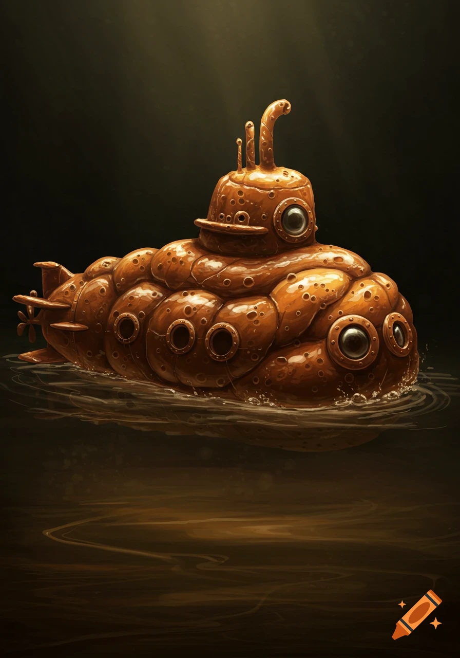 A surreal submarine made of poo floats in dark water.