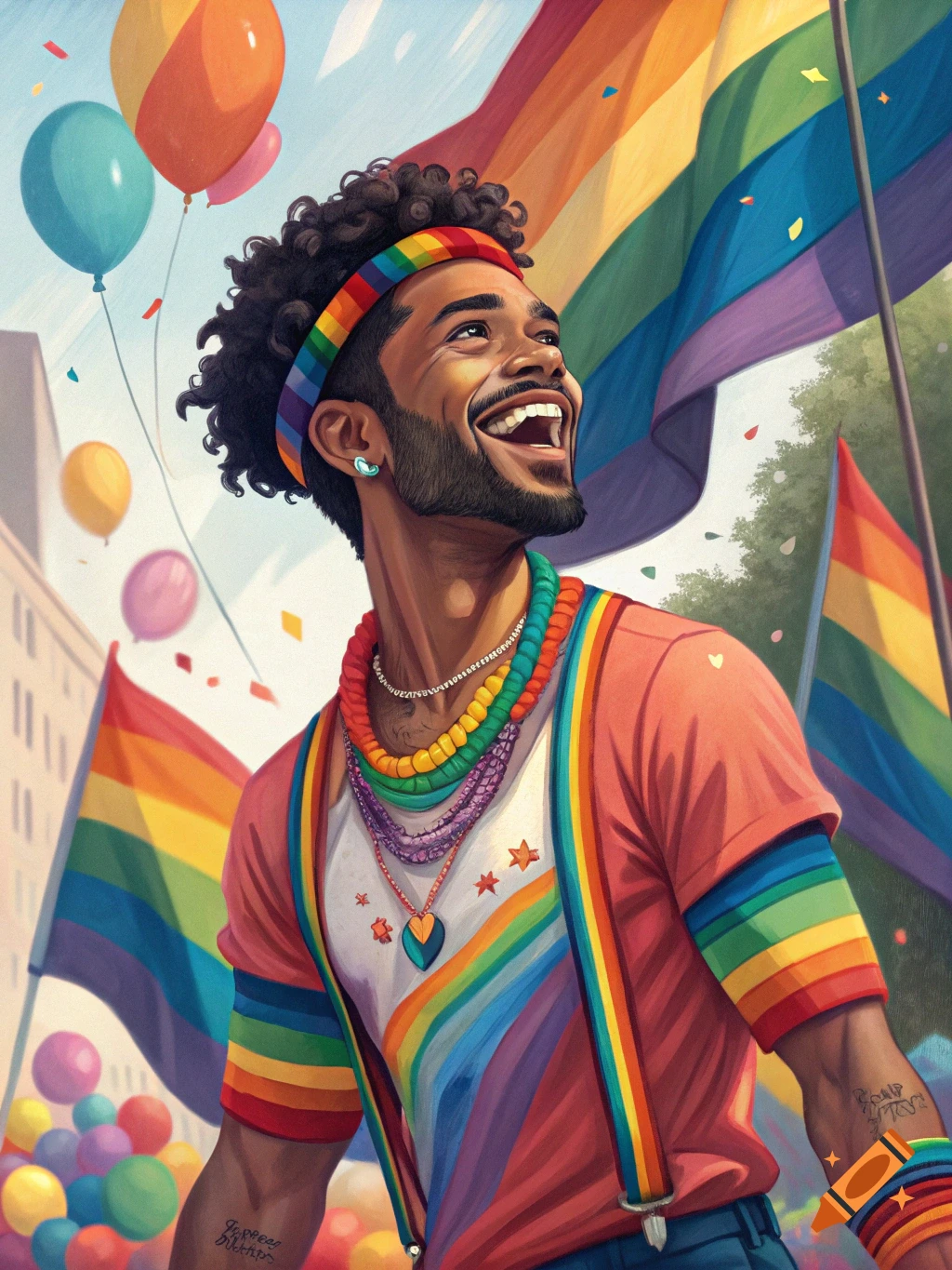 Person with rainbow headband and beads smiles at a Pride parade with flags and balloons, illustration style.