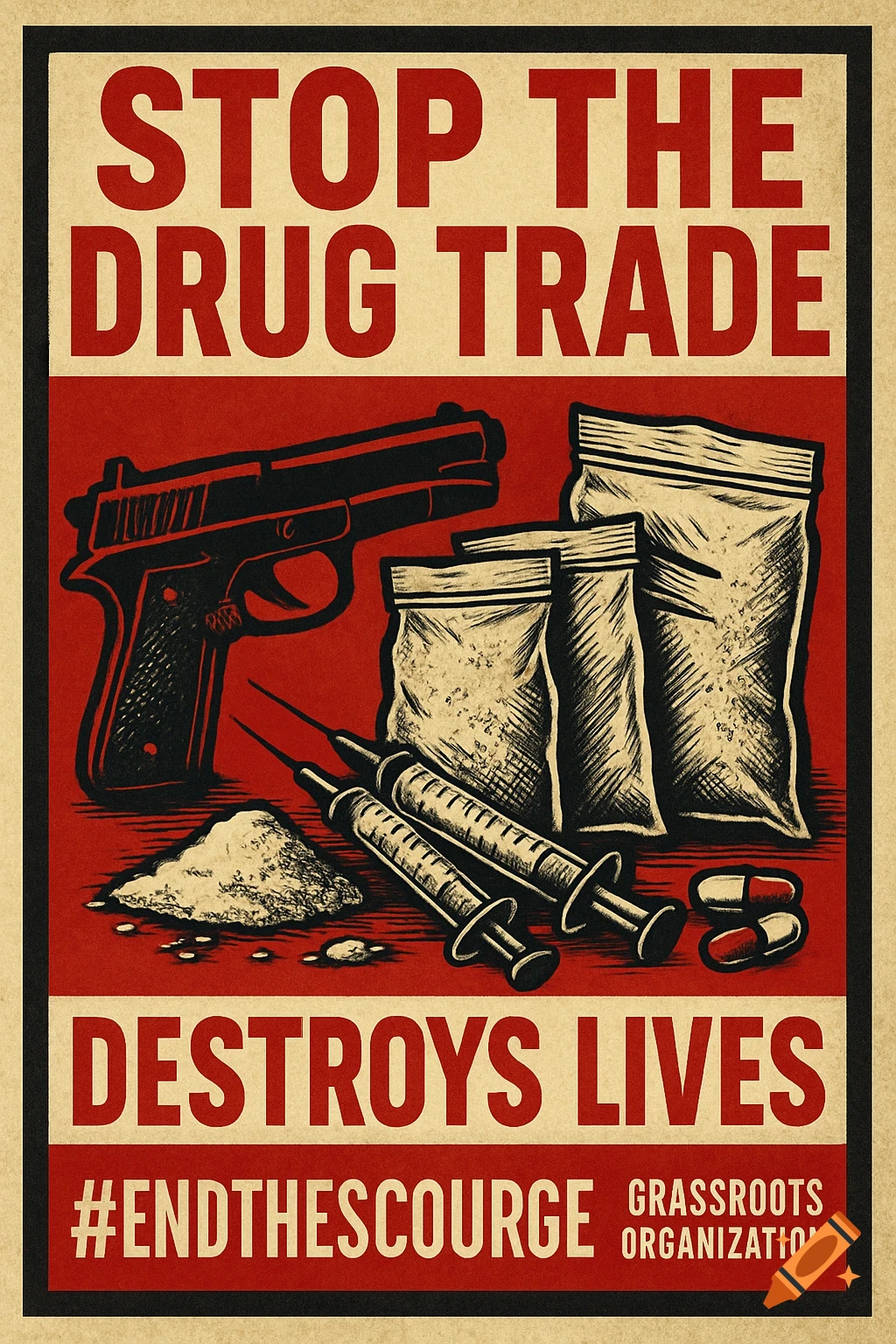 Graphic style poster with text STOP THE DRUG TRADE DESTROYS LIVES, depicting a handgun, drugs, syringes, and pills.