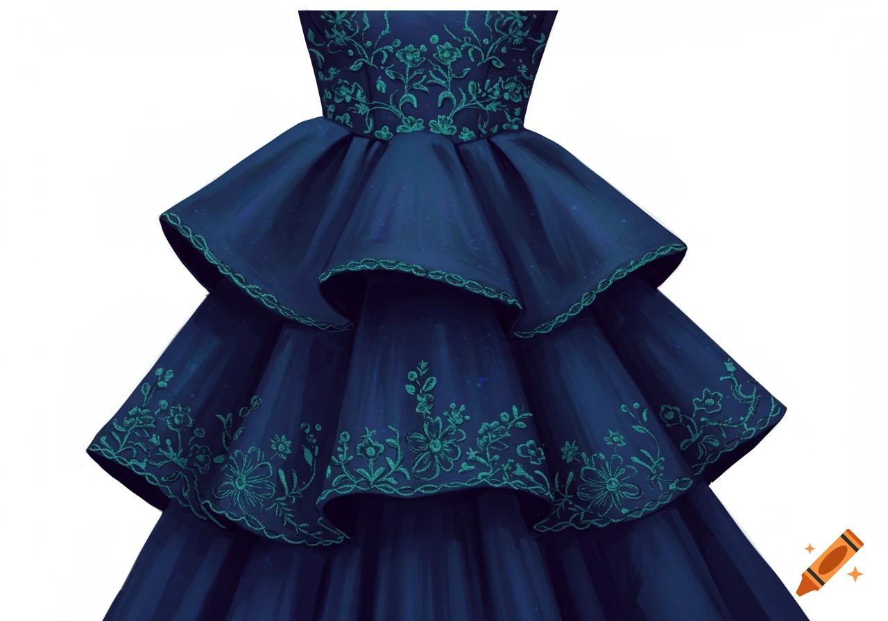 Close-up of a dark blue tiered dress with green floral embroidery