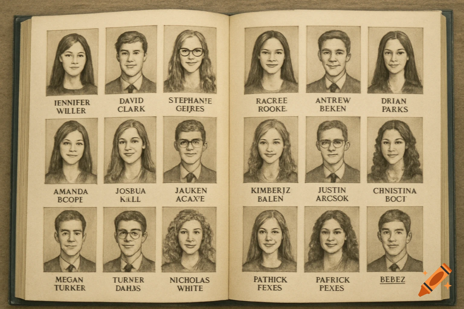 Drawing of high school yearbook spread with portraits and names