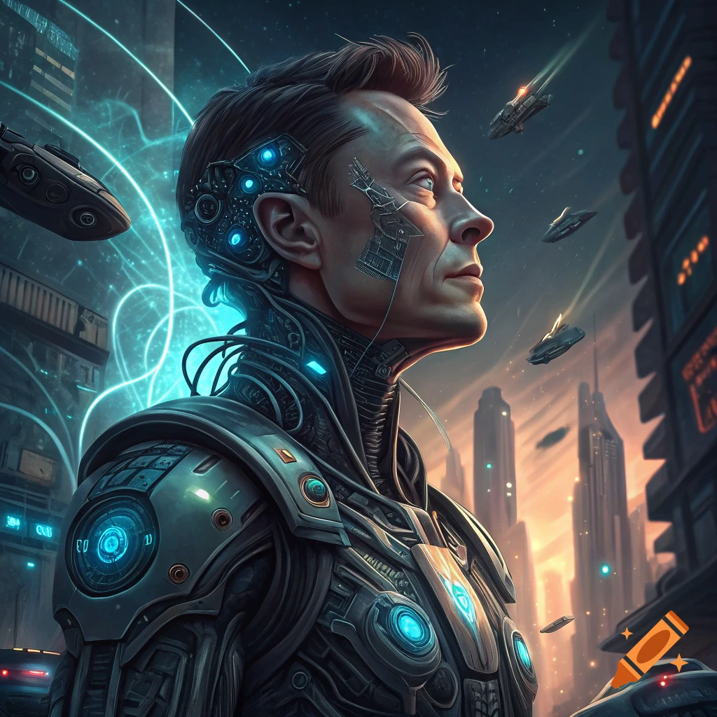 Cyborg Elon Musk looks up in a futuristic cyberpunk city.