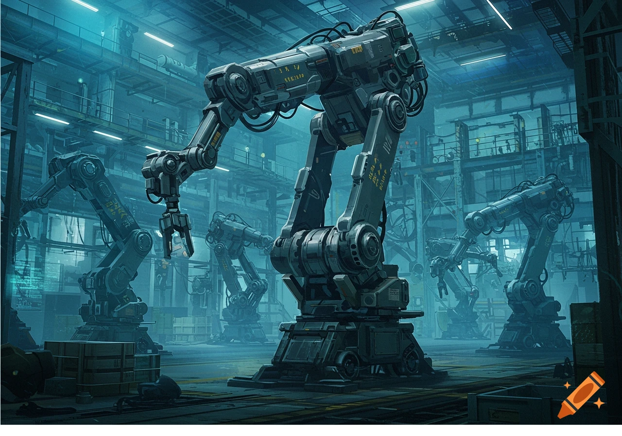 Large industrial robots in a futuristic factory setting with blue lighting.