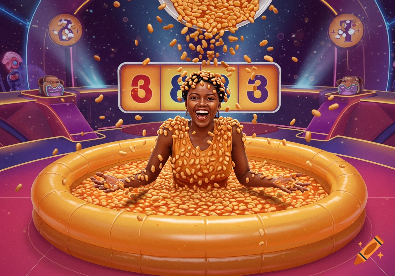 A happy woman covered in baked beans in a pool on a colourful game show stage.