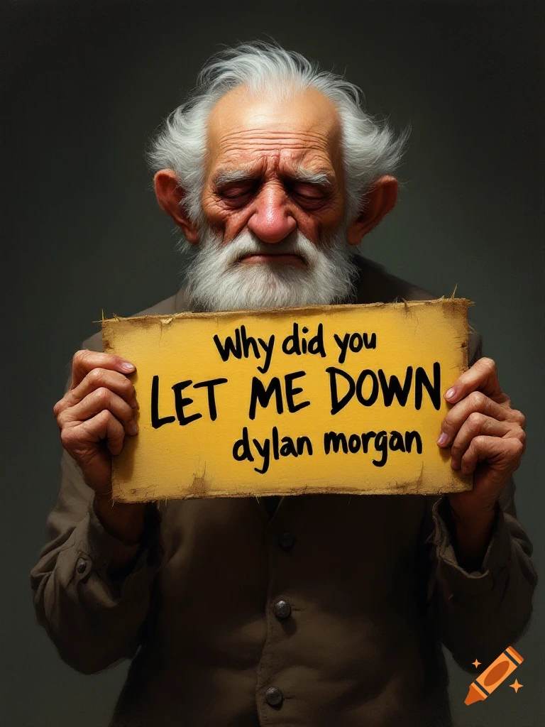 Portrait of a sad old man holding a sign that reads 'Why did you let me down dylan morgan'.