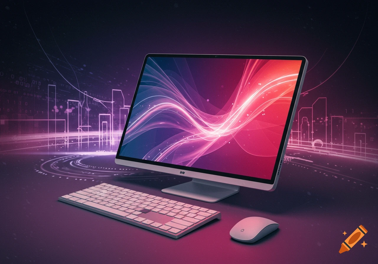 A wireless computer setup with a glowing red and blue digital background.