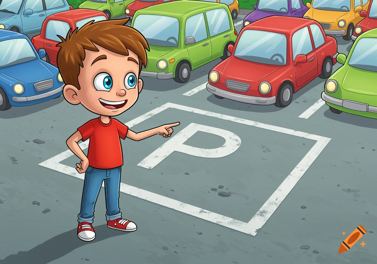 A cartoon boy in a red shirt points to an empty parking spot marked with a 'P'. Colorful cars fill the parking lot.