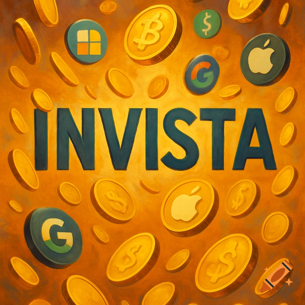 The word INVISTA centered among falling gold coins with dollar signs, Bitcoin, Microsoft, Apple, and Google logos in a textured style.