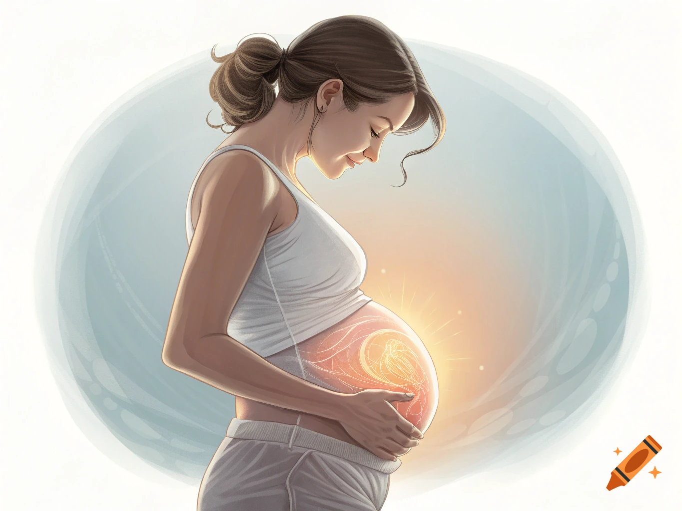 Illustration of a pregnant woman holding her belly, which glows with internal swirling light.