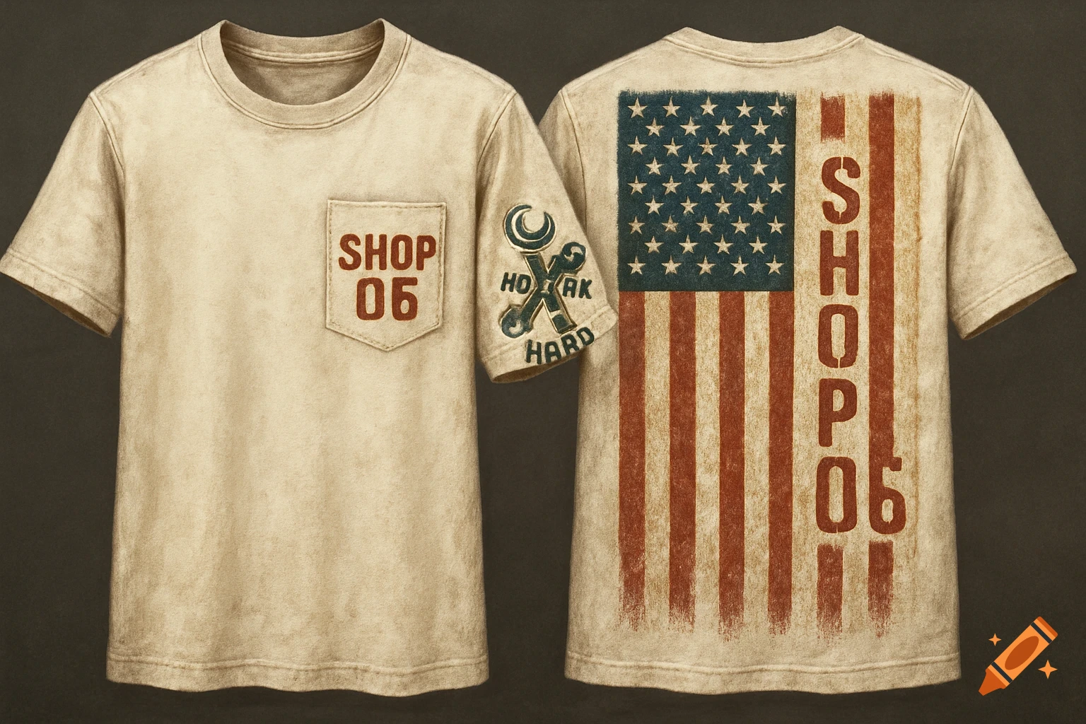 Distressed t-shirt with pocket text 'SHOP 06', sleeve design, and back design featuring distressed US flag and text 'SHOP 06' vertically.