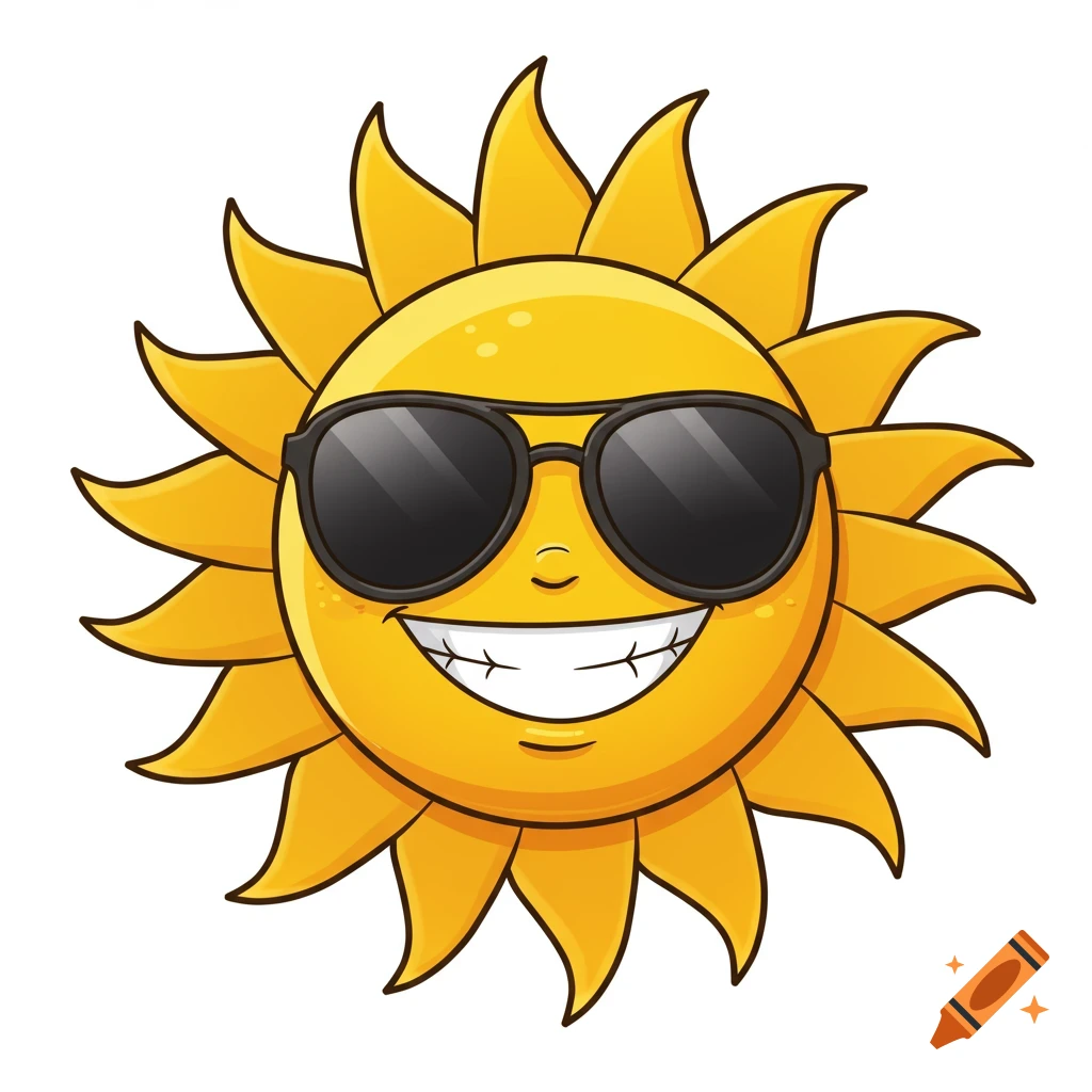 A cartoon sun character wearing sunglasses and smiling widely.