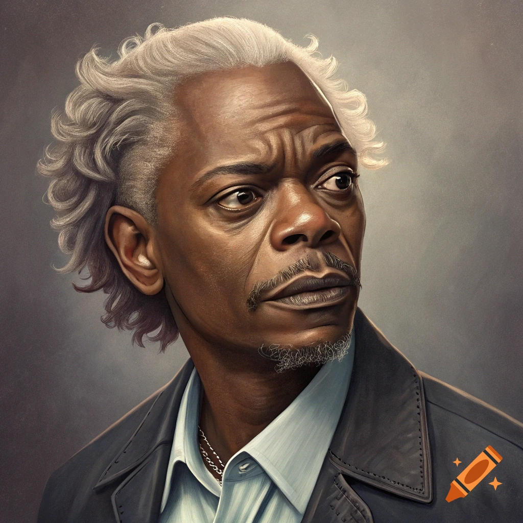 Stylized portrait resembling a mix of Dave Chappelle and Samuel L. Jackson, looking right