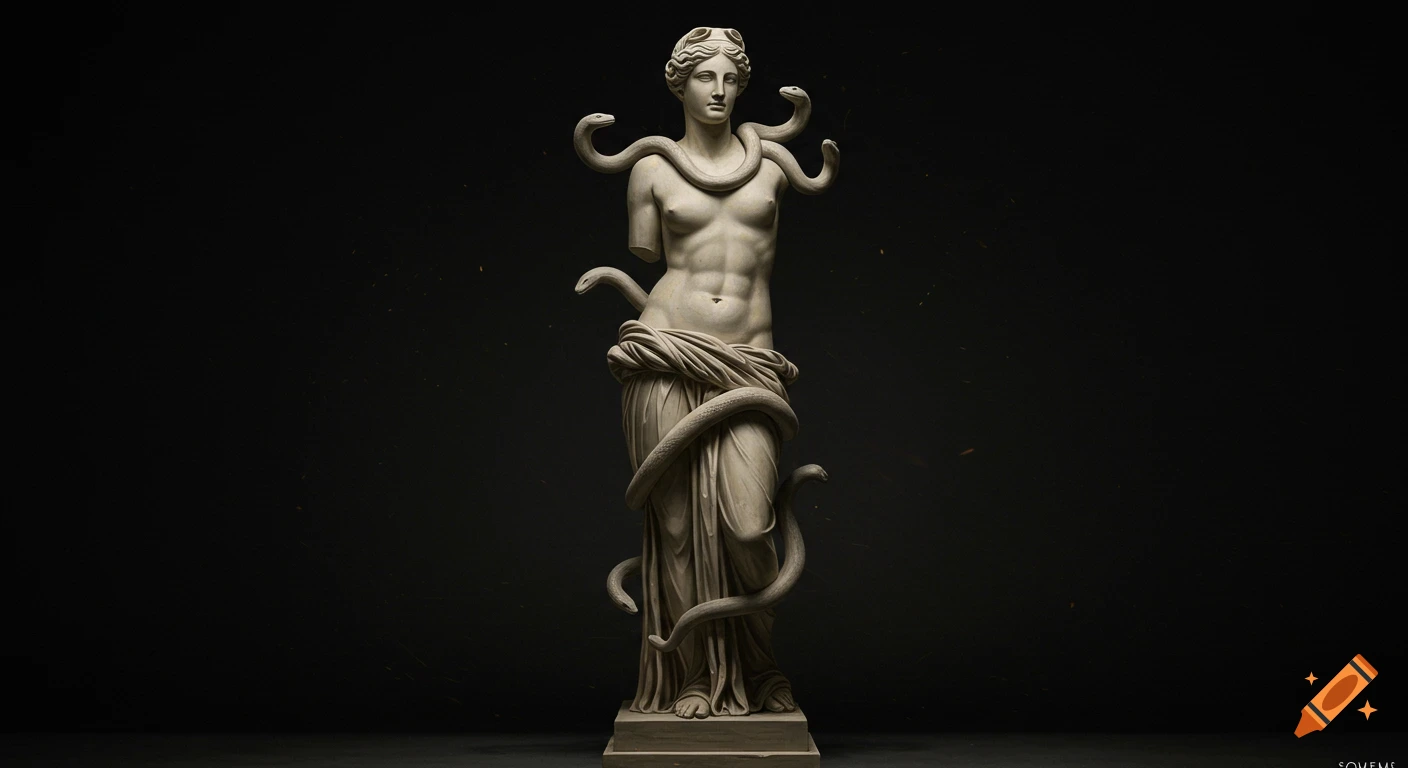 Classical statue of a woman wrapped in snakes against a dark background.