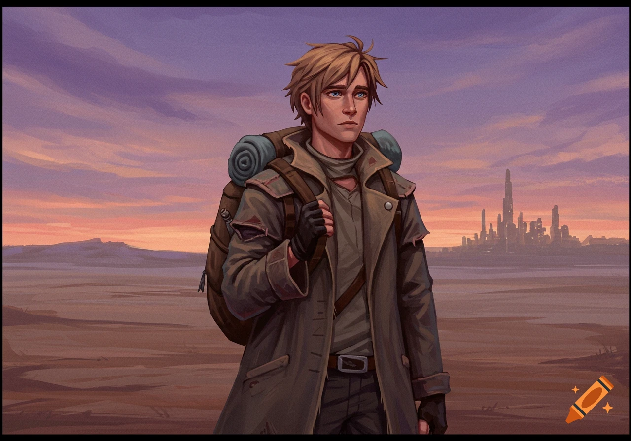 Illustration of a wanderer with a backpack in a desolate wasteland, a futuristic city skyline visible in the distance under a sunset sky.