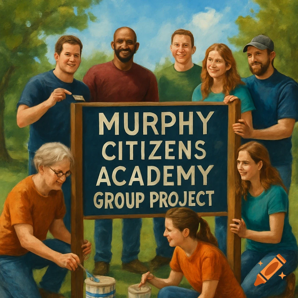 Group of people painting a sign that says 'Murphy Citizens Academy Group Project' outdoors, oil painting style.