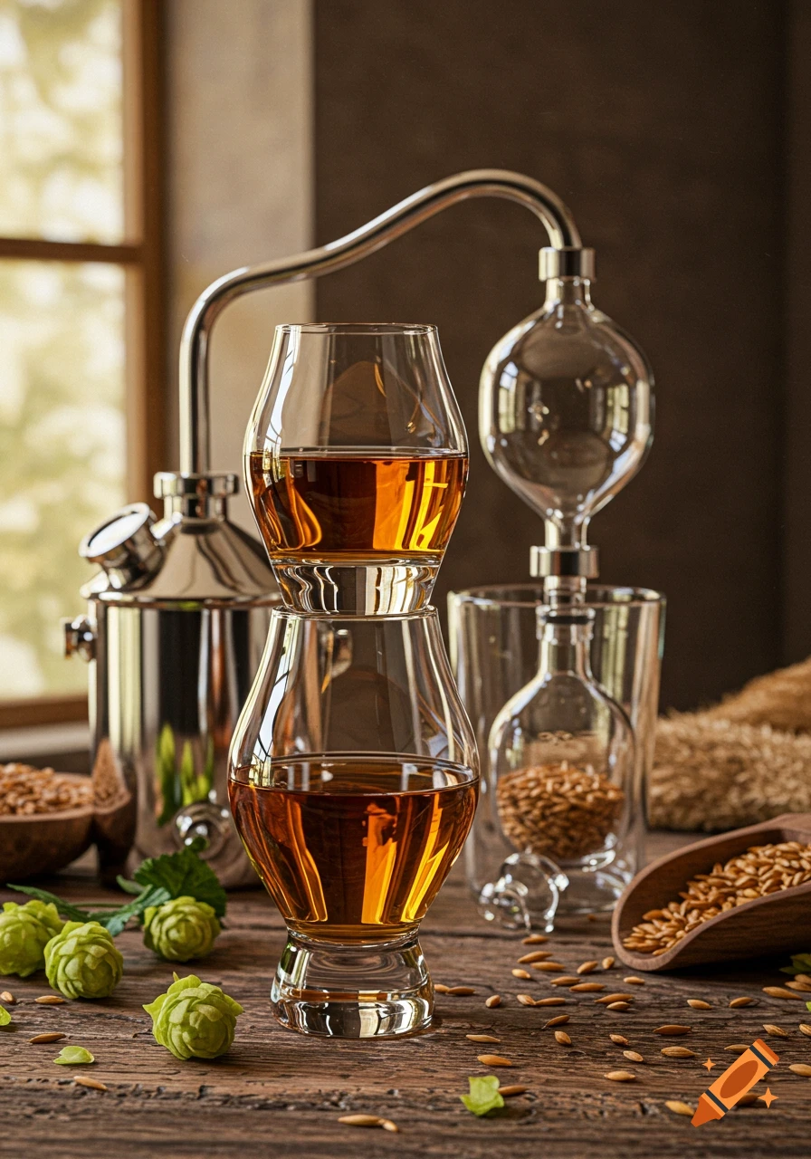 Whisky glasses with amber liquid stacked next to a stainless steel still, with grain and hops on a wooden table.
