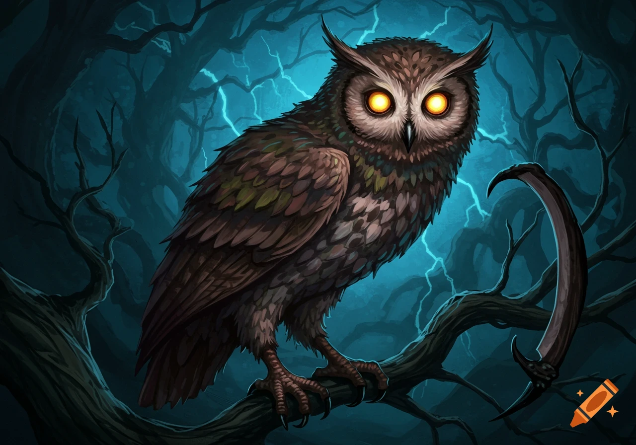 A stylized owl with glowing eyes perches on a branch in a dark, stormy forest with lightning in the background.