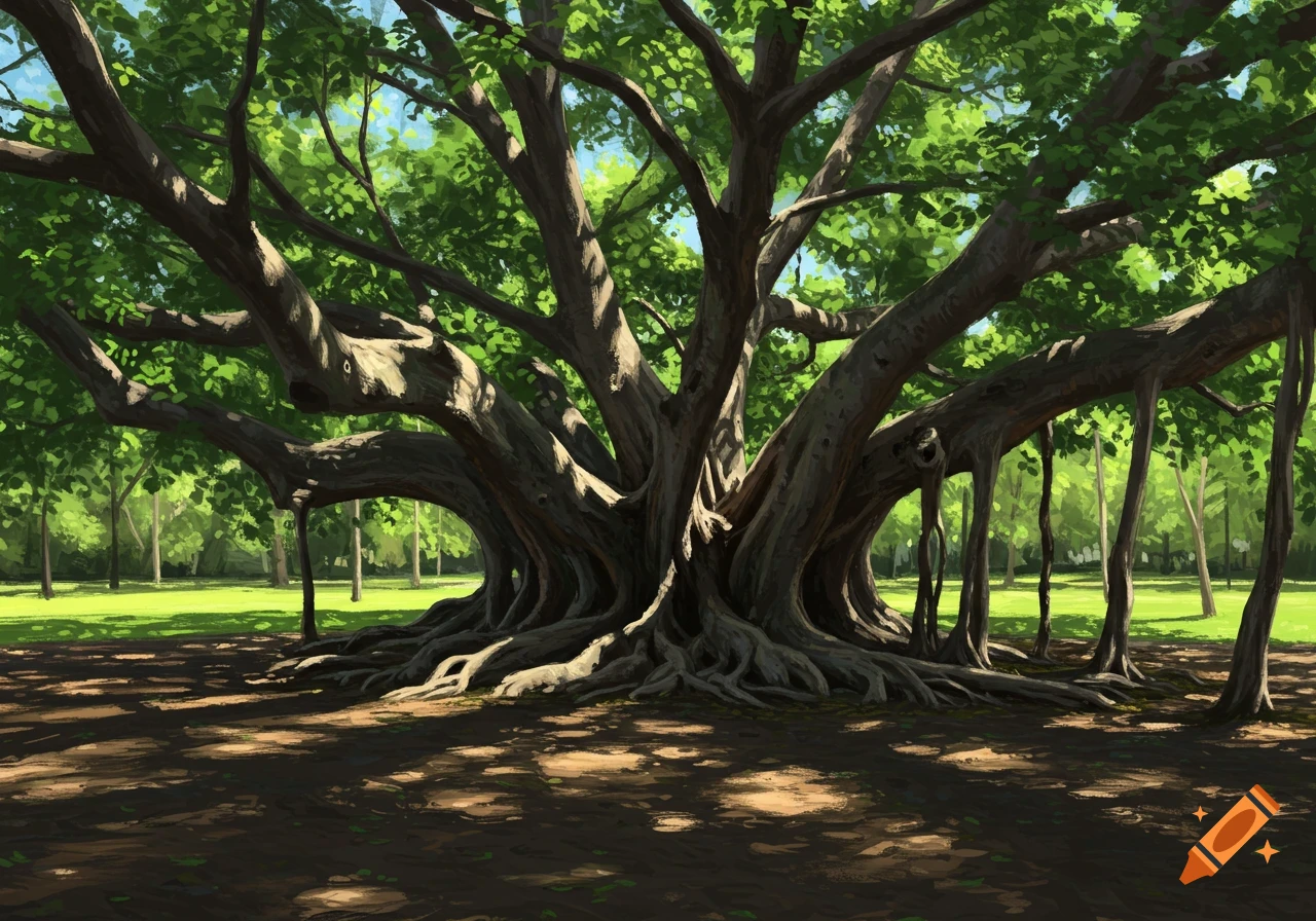 A large tree with extensive roots in a sunny park, rendered in a painterly style.