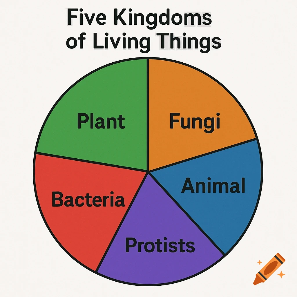 A colorful pie chart illustrating the five kingdoms of living things: Plant, Fungi, Animal, Protists, and Bacteria.