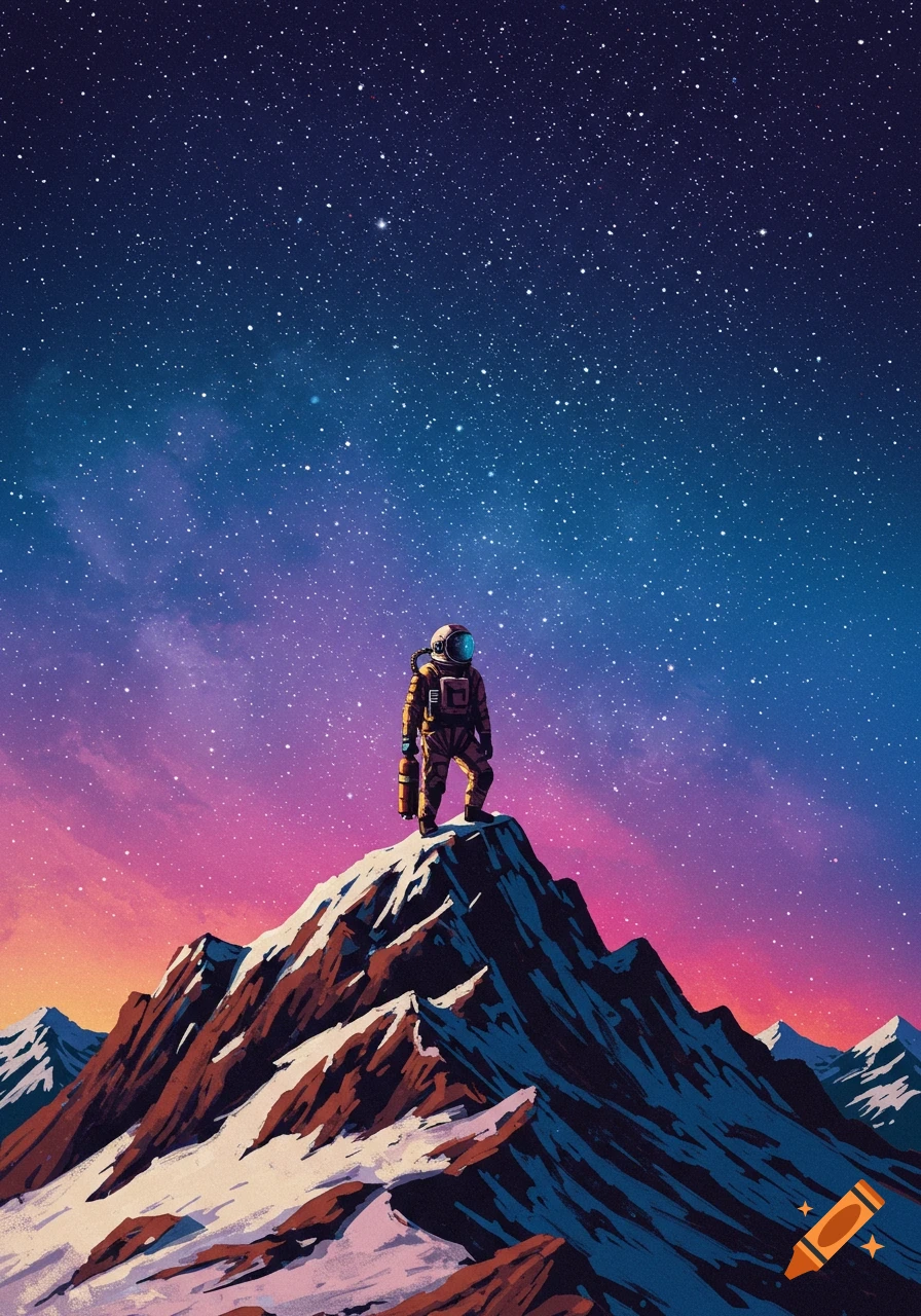 An astronaut stands on a mountain peak looking up at a colorful starry sky. Illustration.