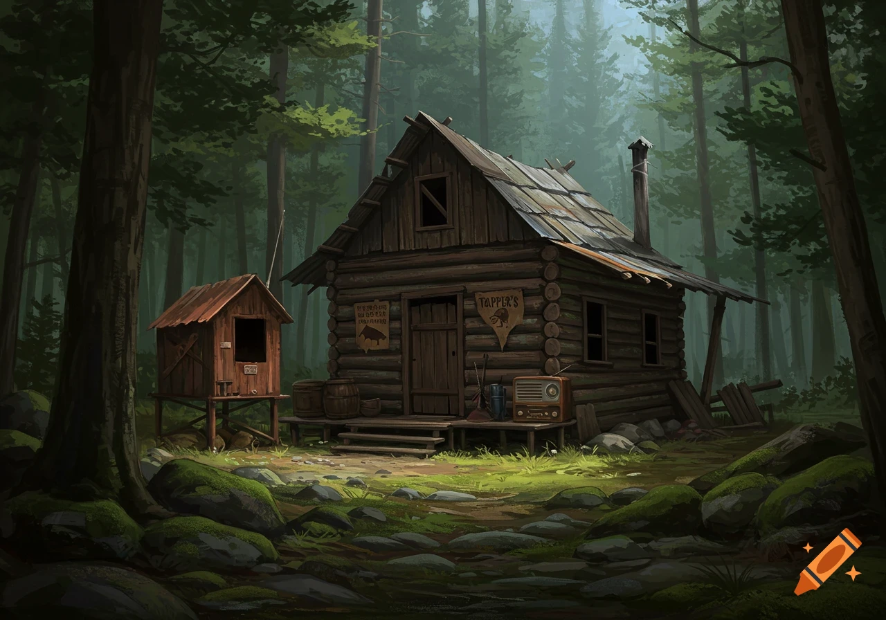 An illustrated log cabin and small shed nestled in a dark forest.