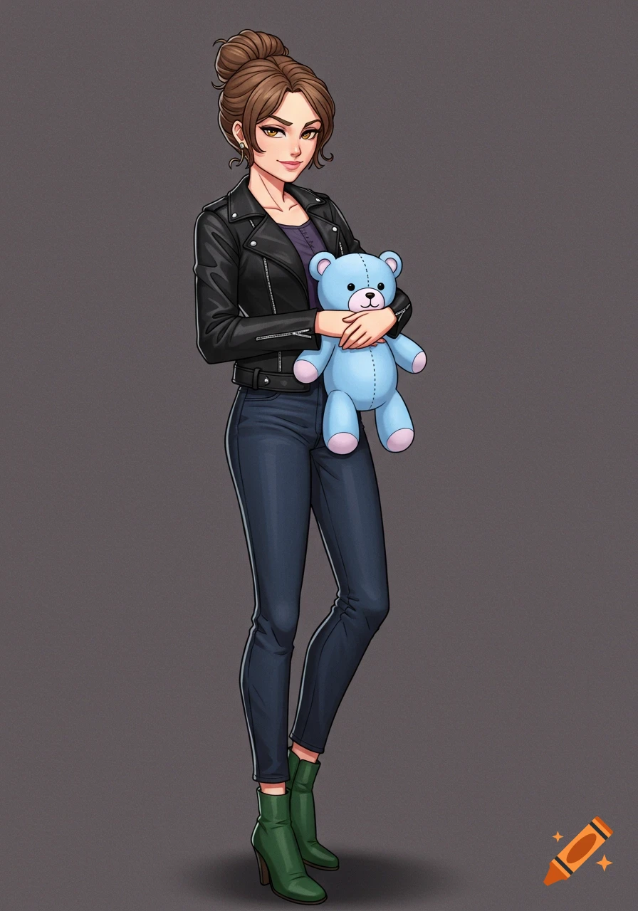 Anime style woman holding a blue teddy bear, wearing a black leather jacket, jeans, and green boots.