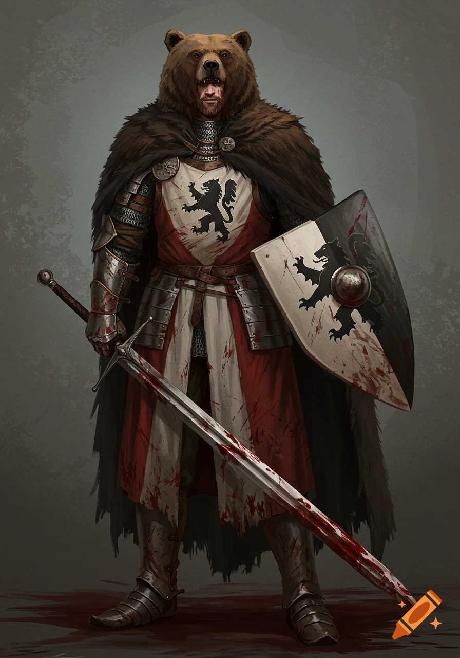 A battle-worn knight in blood-stained armor, bear cloak, holding a sword and shield.