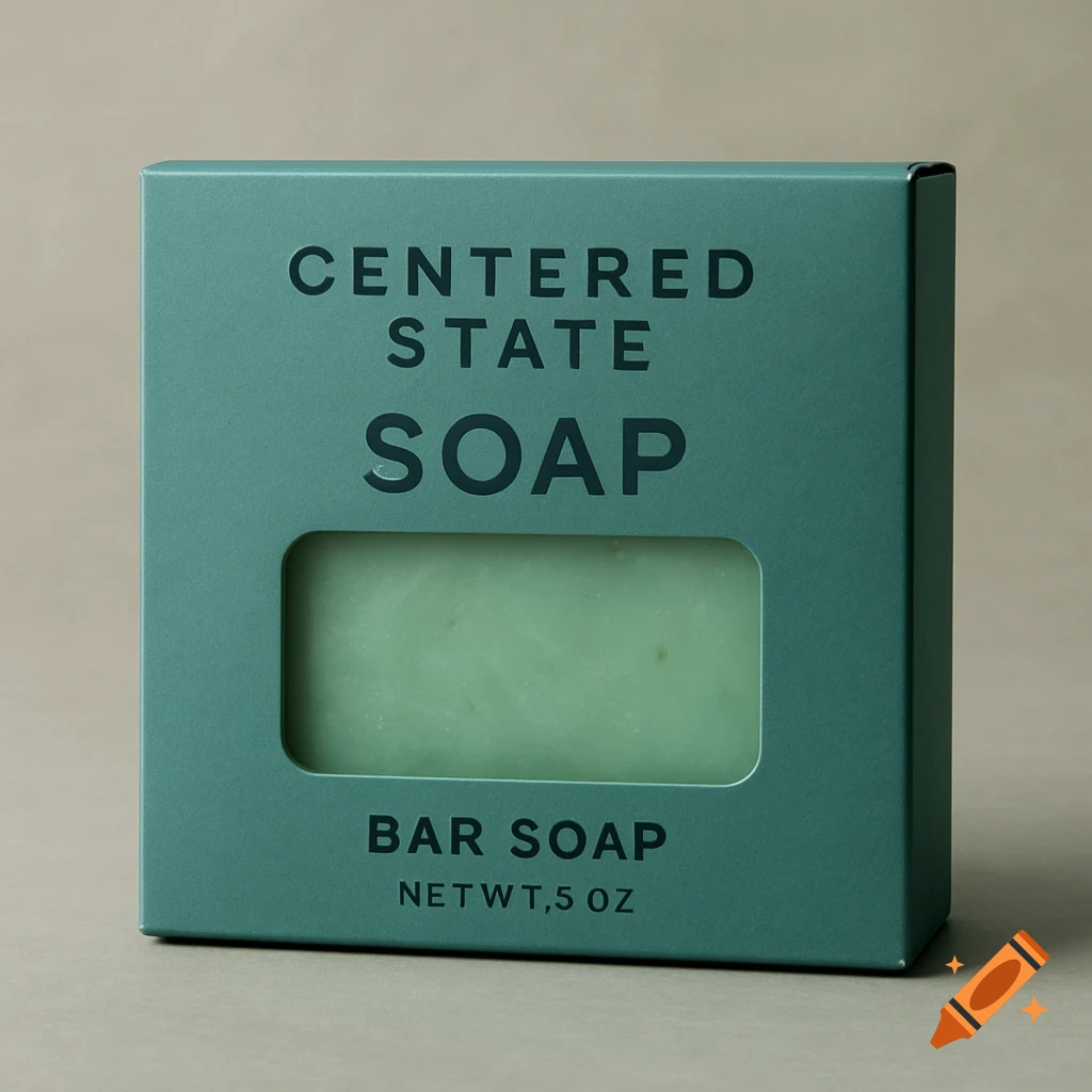 Close-up product shot of a square teal green soap box with a window showing the green soap bar inside. Text labels are visible.