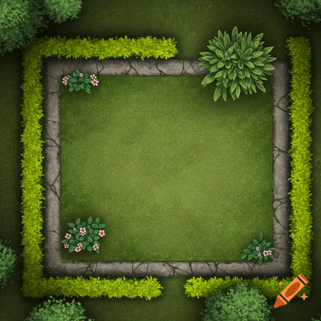 Top view of a square garden with grass, stone border, hedges, and plants, illustration style.