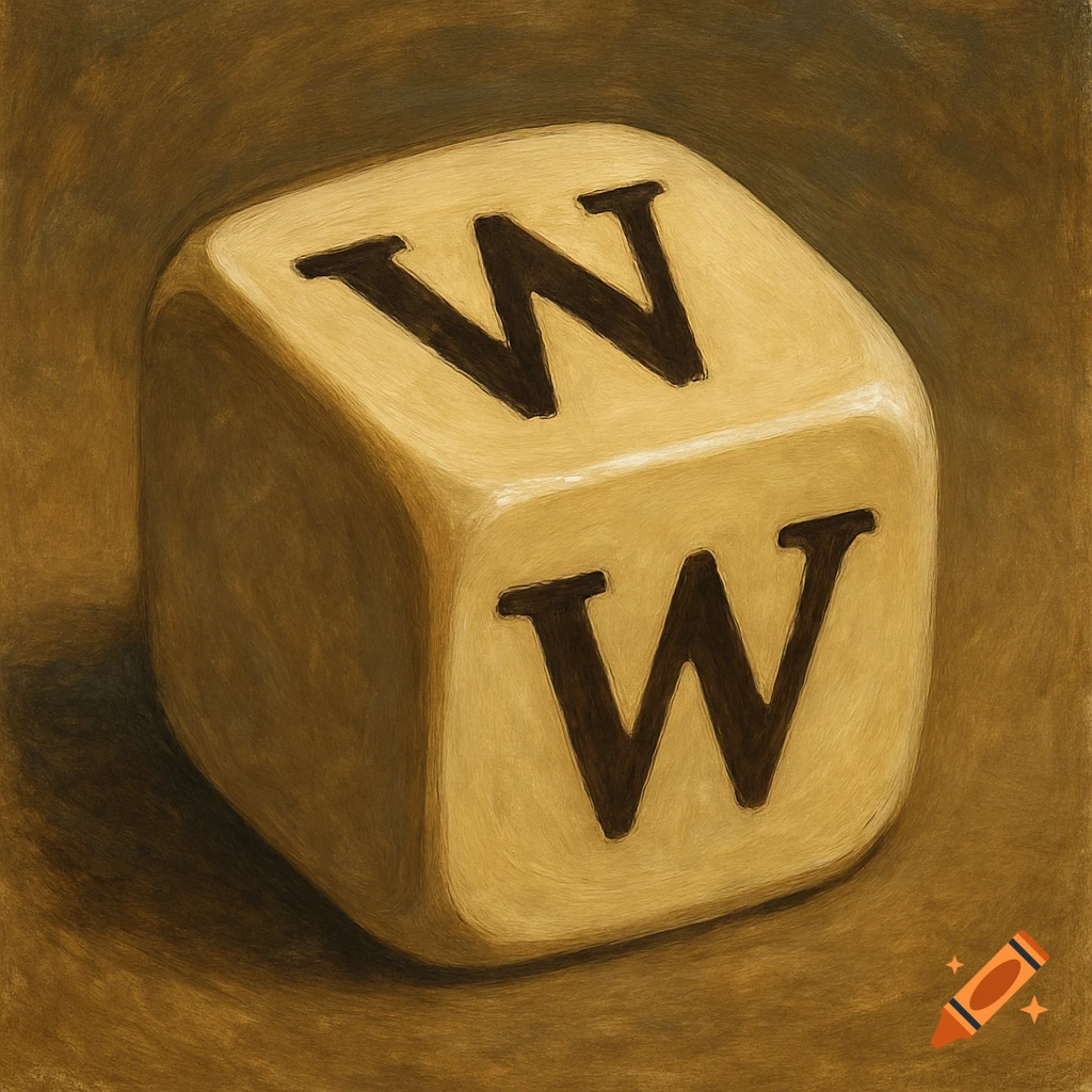 An oil painting of a die with the letter W on two faces.