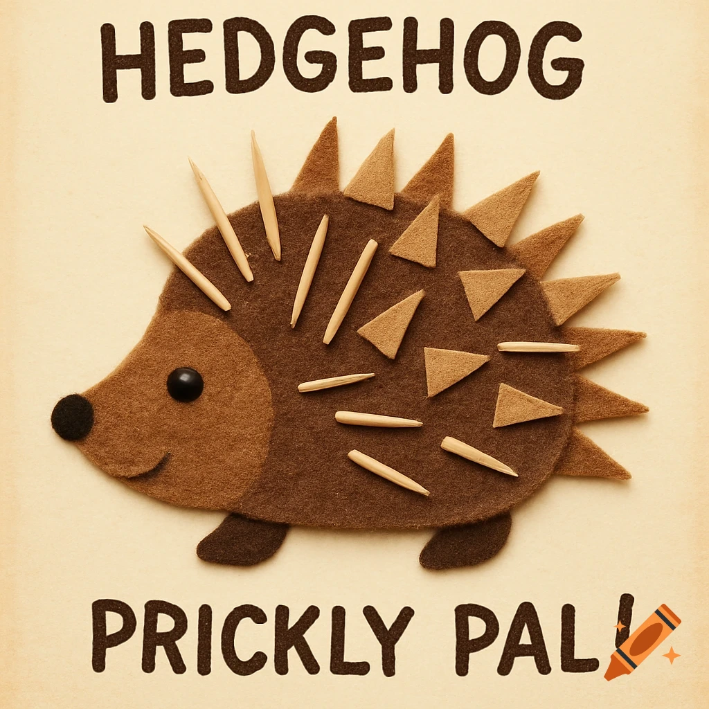 Felt hedgehog craft with toothpick and felt triangle spikes and text labels