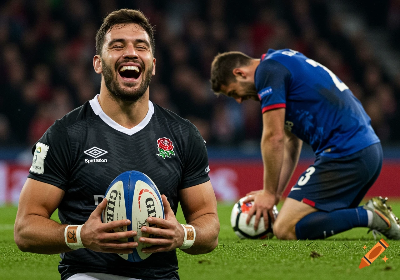 A laughing rugby player holds a ball while a dejected soccer player kneels in the background on a field.