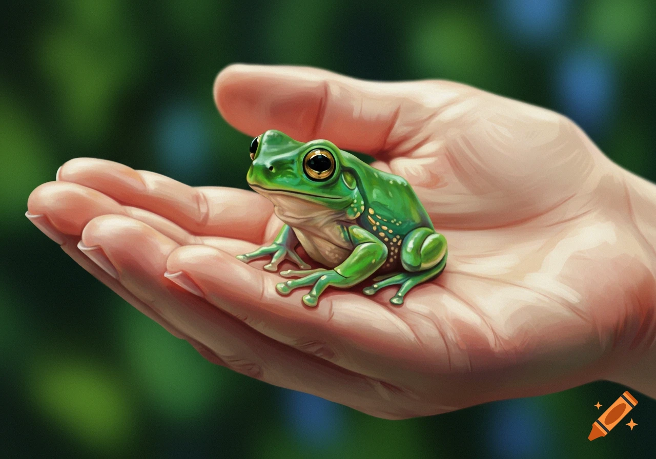 A small green frog sits in the palm of a human hand. Digital painting.