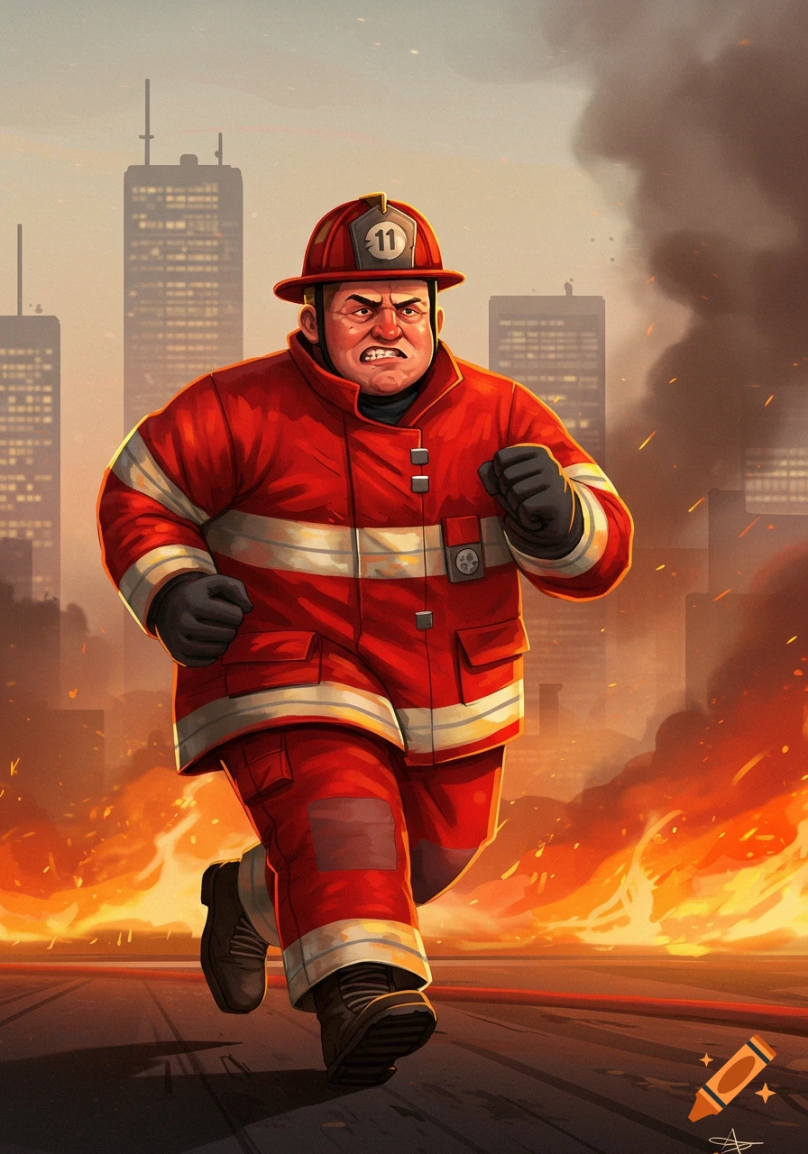 Illustration of a determined firefighter running through a city engulfed in fire and smoke.