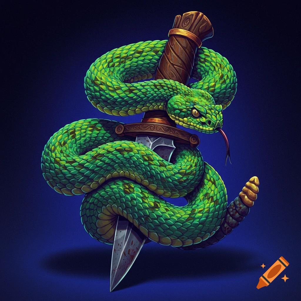 A vibrant green snake wrapped around a dagger with blood spatters on the blade.