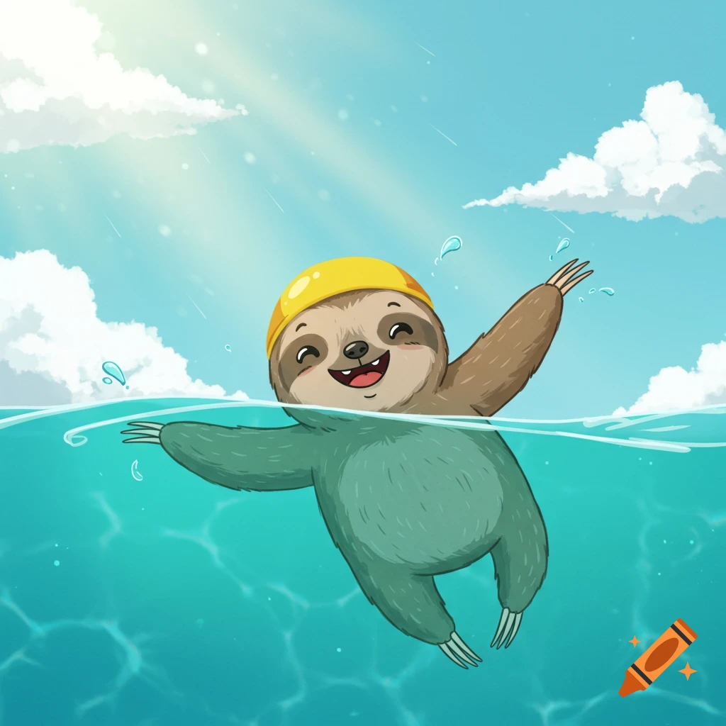 A cute cartoon sloth wearing a yellow swim cap swims in blue water under a sunny sky.
