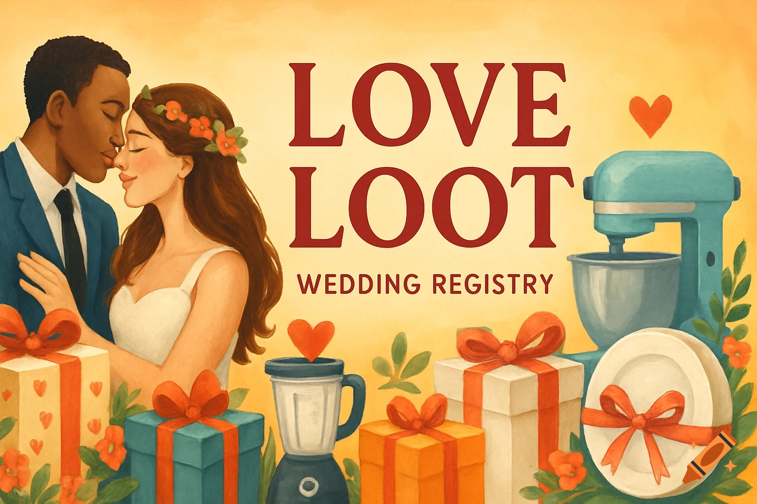 Illustrated scene of a couple with wedding gifts and text "LOVE LOOT WEDDING REGISTRY".