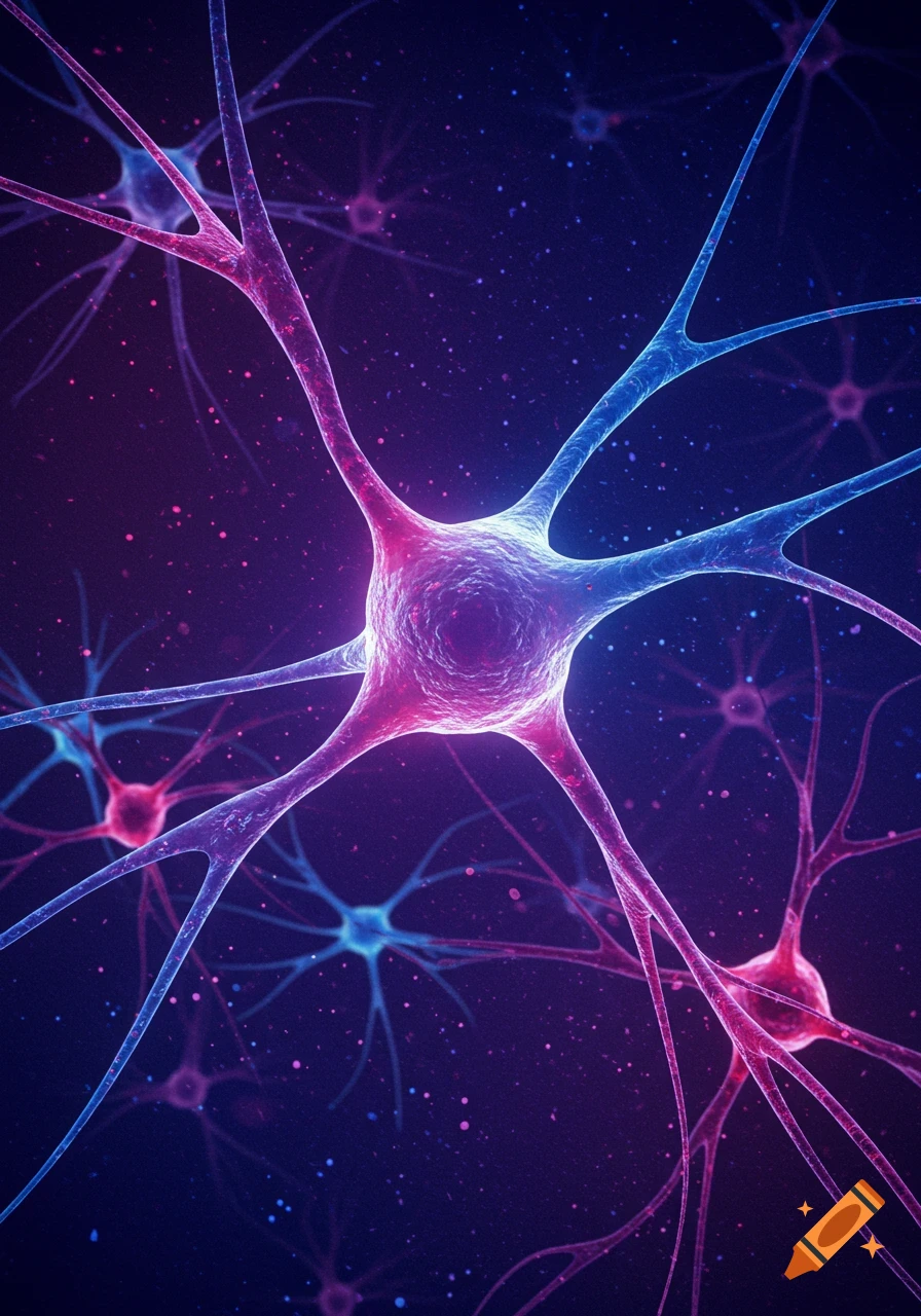Close-up abstract depiction of glowing neurons in a network