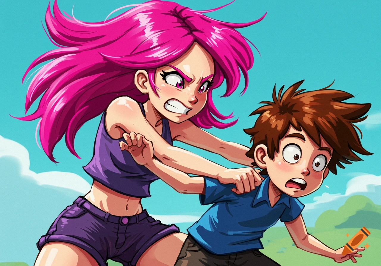 Cartoon girl with pink hair grabs a boy in a struggle.