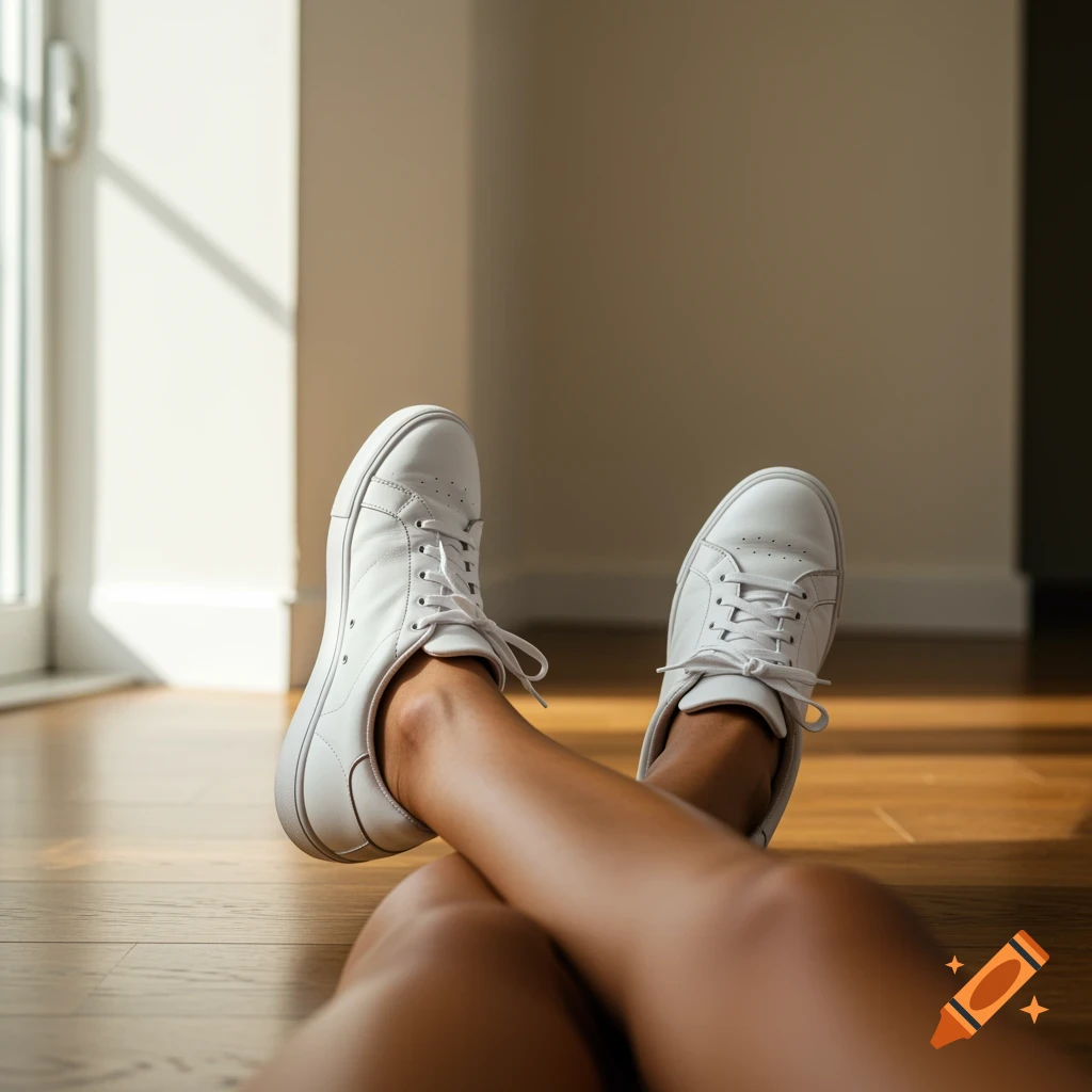 Low angle view of crossed legs in white sneakers on a wooden floor, sunlight streaming in from a window.