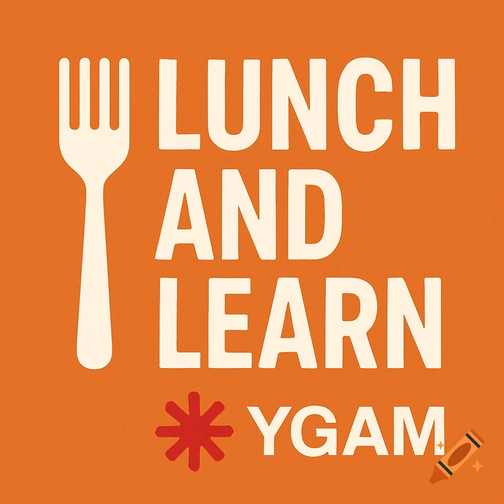 Lunch and Learn Ygam logo with a fork icon on an orange background