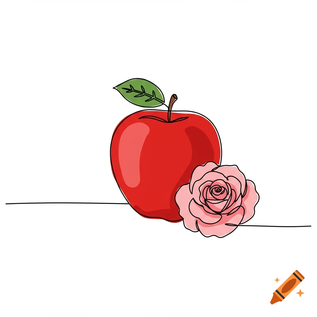 Single line drawing of a red apple and a pink rose
