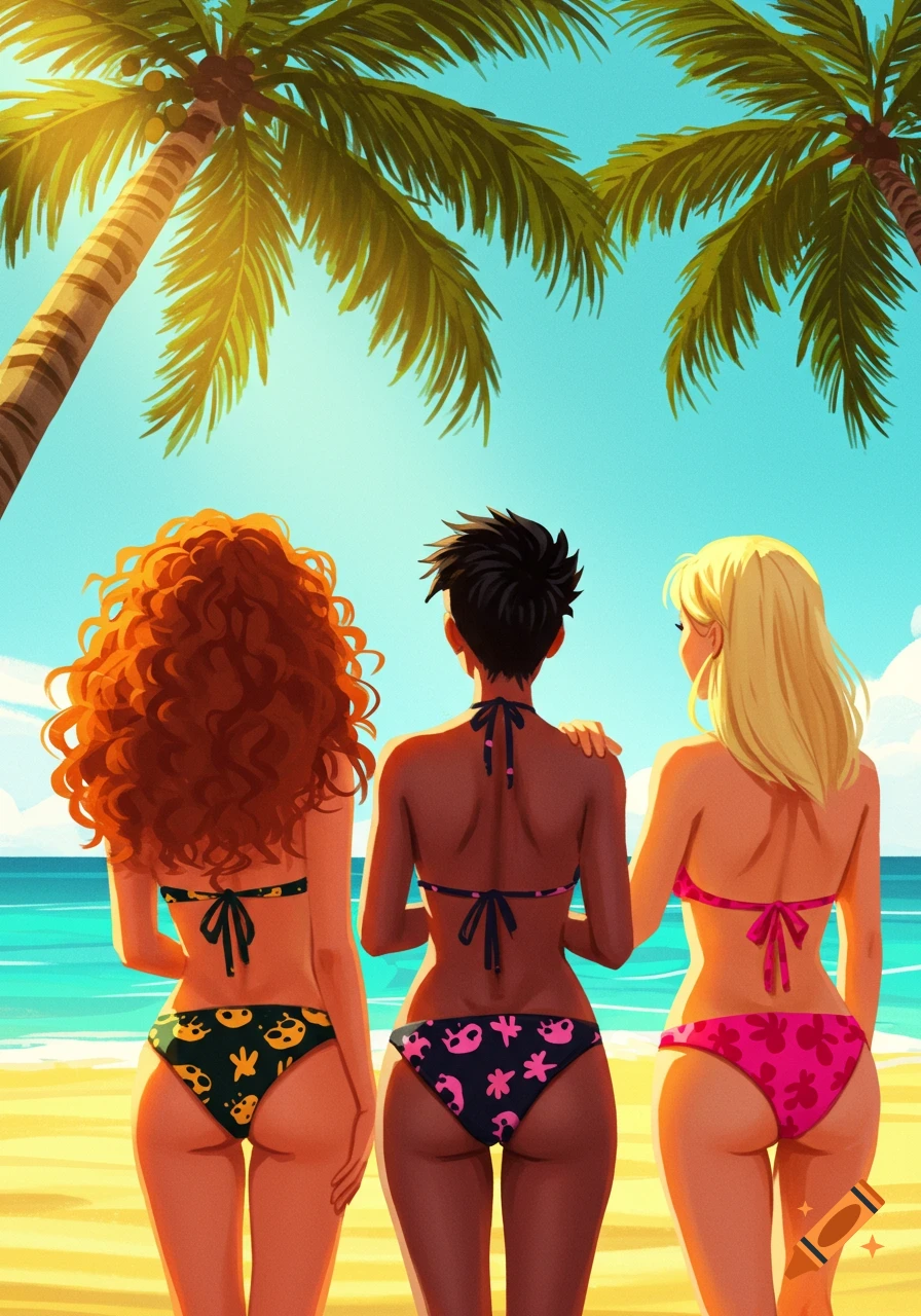 Three women in bikinis stand on a beach looking at the ocean under palm trees.