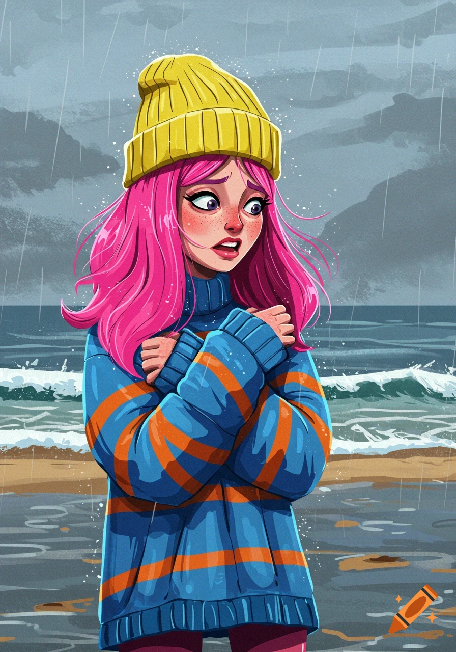Cartoon illustration of a young woman with pink hair shivering on a rainy  beach. on Craiyon, image size:896x1280