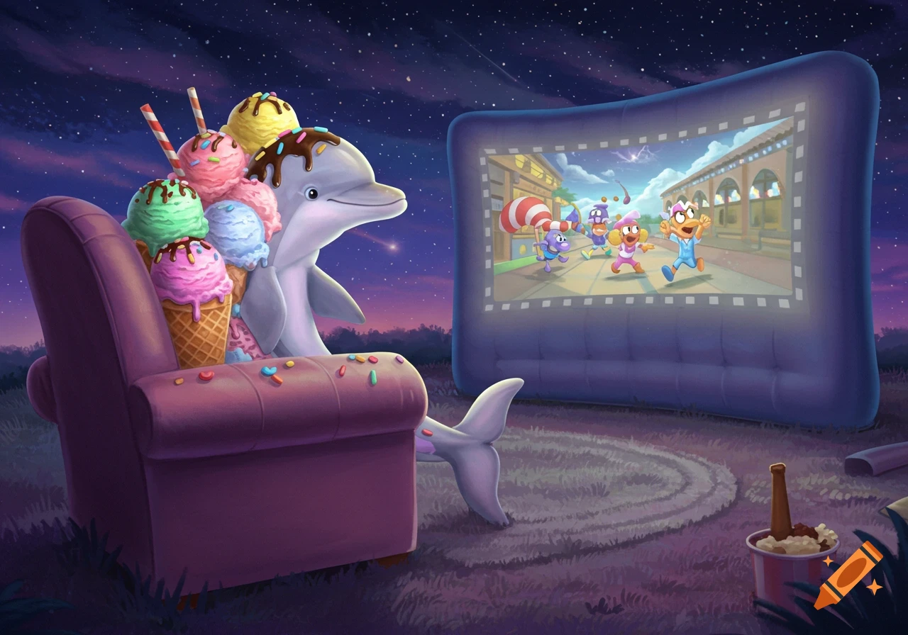 A cartoon dolphin wearing ice cream cones on its head sits in an armchair watching a movie on an outdoor screen at night.