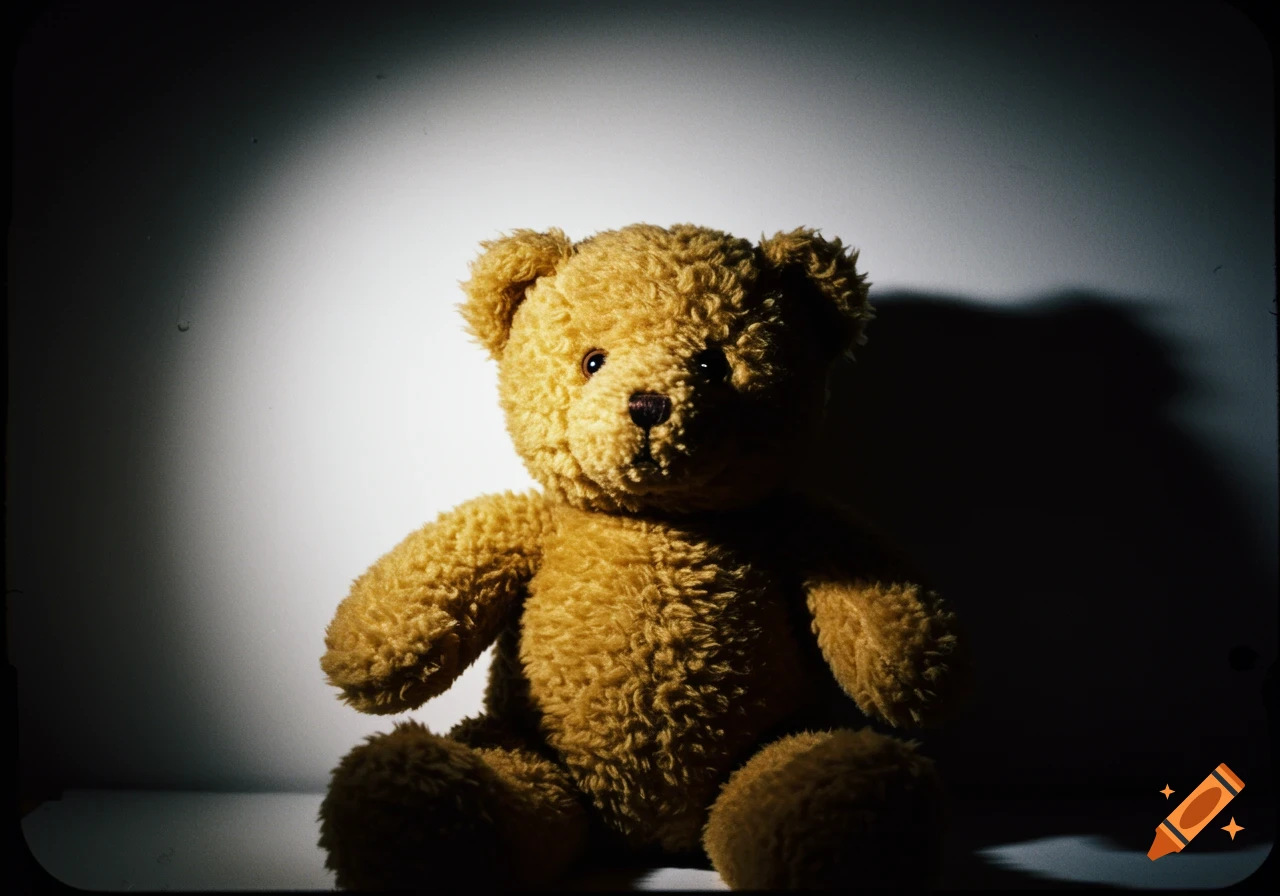 A teddy bear sits in a spotlight, captured like a grainy 35mm film photo.