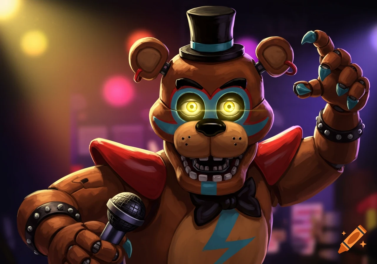Glamrock Freddy from Five Nights at Freddy's on stage holding a microphone.
