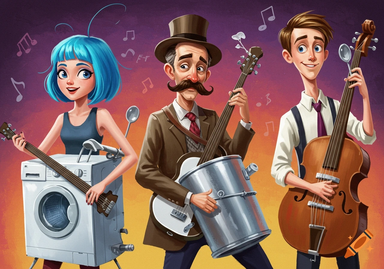 Three cartoon characters play music using instruments made from everyday items.