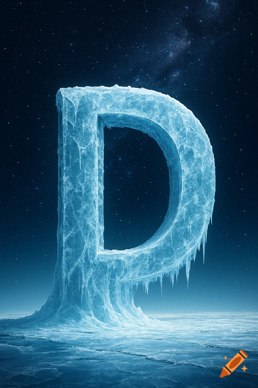 An icy letter D stands on frozen ground under a starry night sky.