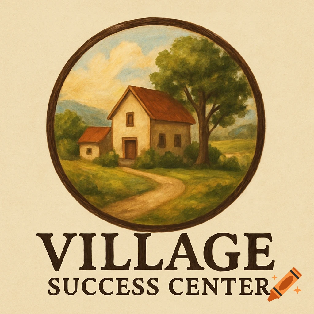 Logo with a painting of a house, tree, and path inside a circle frame, text below reads VILLAGE SUCCESS CENTER.